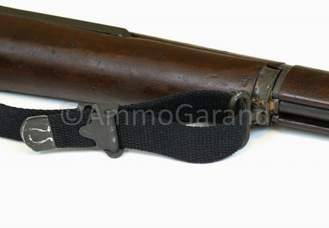 M1 Garand USGI Pattern Web Sling Two Point Black Cotton Made In USA For M1 Garand Rifles attached to wooden stock section