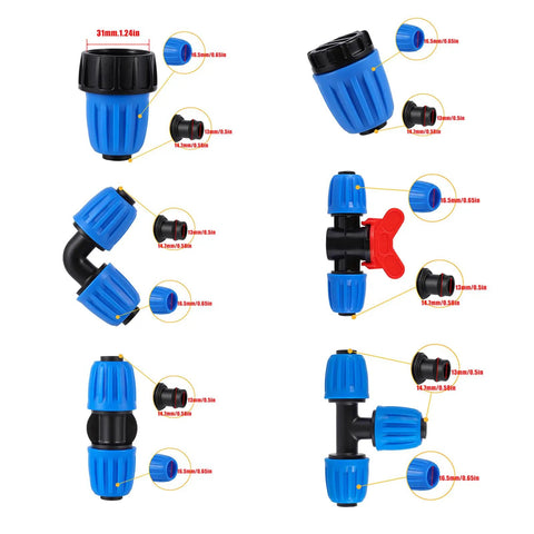 Half Inch Drip Irrigation Fittings Kit 24 Piece Set With Tees Elbows Couplings Switch Valves End Caps And Hose Adapters dimensions