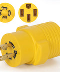 Nema L14 To 14 50 R Adapter For Ev And Rv Setup Twist Lock Generator Power Cord Connector in yellow, showing prongs and socket.