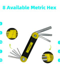 Top Shelf 17 Piece Folding Allen Wrench Set With Flex Head Metric And SAE Hex Keys showcases 8 metric hex sizes with yellow grips.