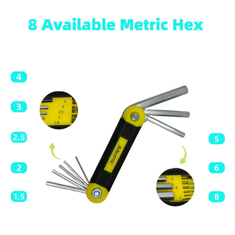 Top Shelf 17 Piece Folding Allen Wrench Set With Flex Head Metric And SAE Hex Keys showcases 8 metric hex sizes with yellow grips.