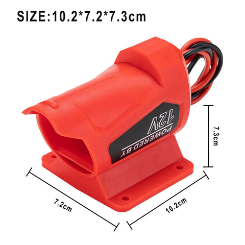 Power Battery Adapter Wheel for 12V M12 Battery with 14 Gauge Connector, shown in red ABS plastic with dimensions 10.2x7.2x7.3cm