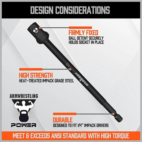 Six Piece Pro Grade Impact Sockets Adapters Set With Three Inch And Six Inch Hex Shank For Quick Change Drills And Impact Wrenches One Quarter Inch, Three Eighth Inch, And One Half Inch Drive Heavy Duty Vanadium Steel With Black Oxide Finish shown with design and strength features highlighted.