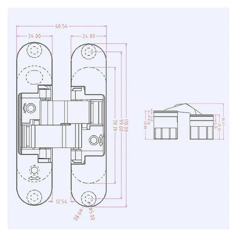 Technical drawing of Zinc Alloy Concealed Hinge With 3D Adjustable Alignment for Cabinets And Doors showing dimensions.