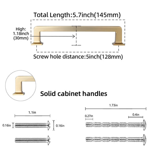 10 Pack 5 Inch 128mm Champagne Bronze Cabinet Handles Gold Kitchen Cabinet Pulls Solid Zinc Alloy Durable Drawer Pulls dimensions