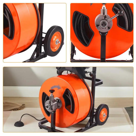 Heavy Duty Auto Feed Drain Auger Snake Machine Packs Four Swappable Cutters, featuring orange drum and black frame.