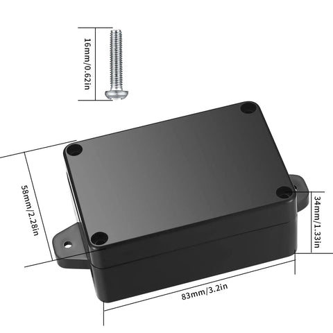 Rugged Outdoor Electrical Junction Box 4 Pack, IP65 Waterproof ABS Plastic Project Case with dimensions and fixing screw