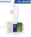 Voltage Guard Surge Protector For Smart TVs And Gaming Consoles, Shields Your Home Theater Setup From High And Low Voltage, Spikes, Brownouts, Power Failures And Flicker, showing product dimensions with front and side view.