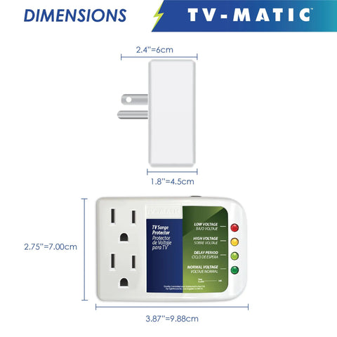 Voltage Guard Surge Protector For Smart TVs And Gaming Consoles, Shields Your Home Theater Setup From High And Low Voltage, Spikes, Brownouts, Power Failures And Flicker, showing product dimensions with front and side view.