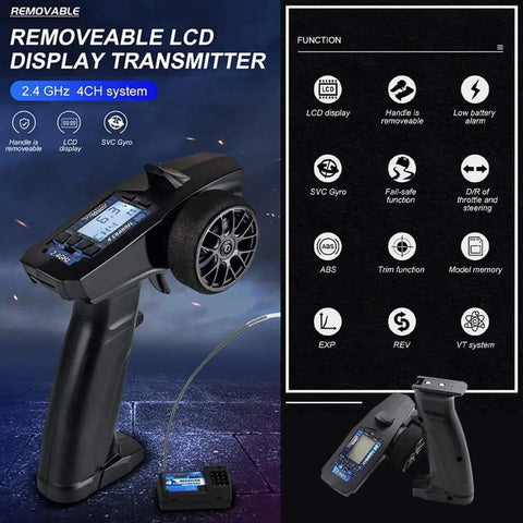 Turbo Racing P32 91803GC 2.4G 4CH RC Remote And Receiver Controller with LCD and waterproof transmitter, functions displayed.