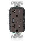 In Wall USB Charger With Type A And Type C Ports 20A Tamper Resistant Outlet Fast Charging For Phones And Tablets Built In Smart Chip Auto Adjusts Power Not For Laptops Brown Finish Home Upgrade, front view