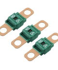 Heavy Duty 40 Amp Bolt On Automotive Fuses Copper Clad, 3-piece set, green fusible link with copper terminals for battery protection.