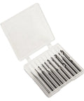 Carbide end mill set, 1/8 inch shank, 10 pieces, in a clear plastic case for CNC milling of wood and acrylic.