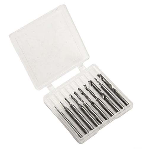 Carbide end mill set, 1/8 inch shank, 10 pieces, in a clear plastic case for CNC milling of wood and acrylic.