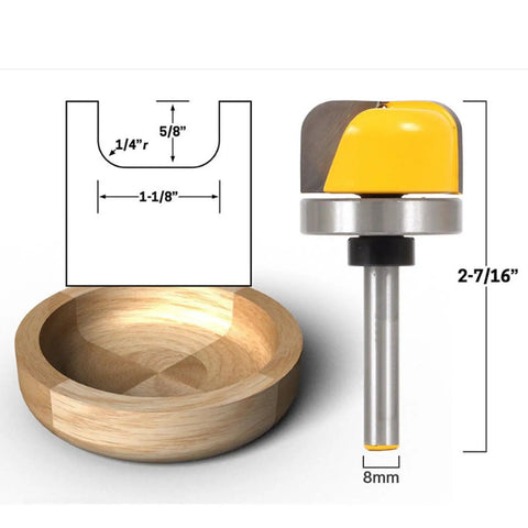 Premium 1/4 Inch Shank Flush Trim Router Bit For Wood Carving And Hinge Mortising With Precise Bearing Straight Design next to a wooden bowl.