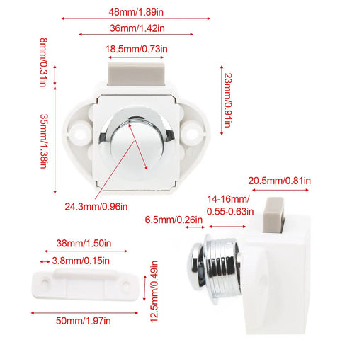 Push Button Latch Set for Cabinets and Drawers, Zinc Alloy Keyless Cupboard Locks Pack of 5, dimensions diagram