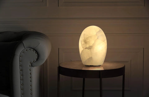 Natural Calcite Stone Lamp With 15 Pound Solid Crystal Handcrafted One Of A Kind Table Lamp With Warm Dimmable Glow on table