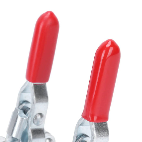 Close-up of Heavy Duty Toggle Clamp With Arrow Storage Case, 50kg Holding Capacity, Iron And Plastic Welding Fixture Clamp, red handles