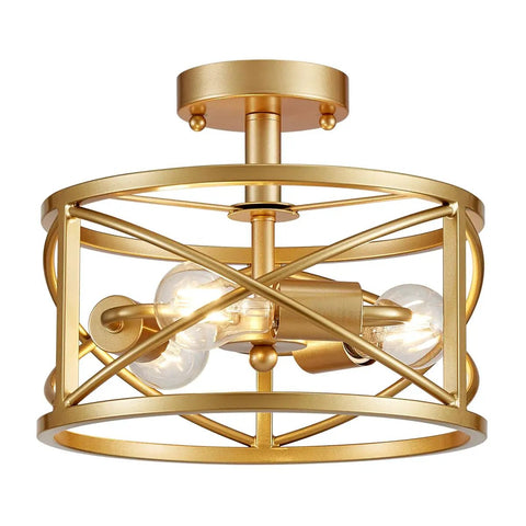 3 Light Vintage Farmhouse Industrial Dope Semi Flush Mount Ceiling Light In Gold Finish, E26 Base, front view