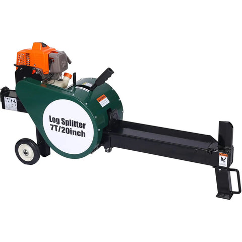 Heavy Duty Yard Beast 7 Ton Gas Log Splitter With Double Flywheel Auto Return Portable 63cc Engine Hustle Free Horizontal Setup 20 Inch Cut Length, side view.