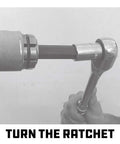 Powerbuilt tailpipe expander side view with ratchet handle; alloy steel construction for 1-1/8"–1-3/4" exhaust pipes.