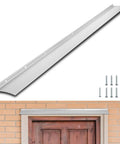 Premium Top Tier 52 Inch Door Drip Guard Aluminum Rain Deflector Weather Proof Door Panel Protector For Cars And Homes No Sweat Corrosion Shield Double Value Pack installed above a wooden door.
