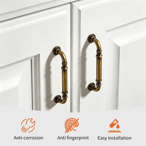 5 Pack 3 Inch Retro Arch Cabinet Handles Lotus Pulls In Antique Brass Vintage European Style Dresser Drawer Knob Set on white cabinet