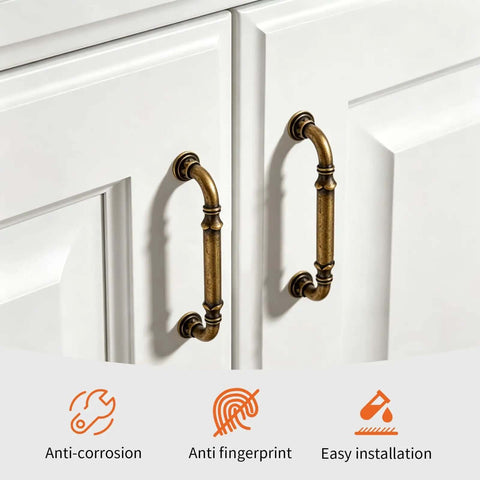 Ten Pack 3 Inch Retro Arch Lotus Drawer Pulls Cabinet Handles Antique Brass Hardware on white doors, anti-corrosion feature