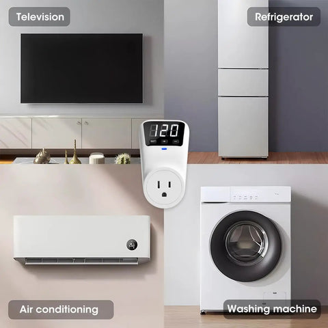 Wall Mount Surge Protector With Voltage Stabilizer And Real-Time Monitoring Fireproof UL94V-1 For Refrigerator TV And Heavy-Duty Appliances Custom Voltage 80V-140V shown next to appliances like TV, refrigerator, air conditioning, and washing machine.