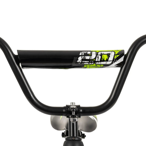 Handlebar view of Growth Ready Kid Bike With 12 16 And 20 Inch Wheels, removable training wheels, BMX style, glossy green accents.