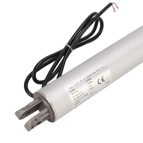 Heavy Duty 12V Tubular Electric Linear Actuator With Planetary Gear Reduction And Tough As Nails Aluminum Housing For IP67 Waterproof High Speed 200mm Stroke Operation, showing compact design and connection wires.