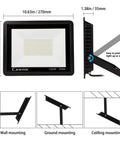 Dimensions and mounting options for Two Pack 120W Outdoor LED Flood Light With Switch 12000 Lumens IP66 Waterproof 6000K