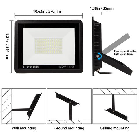 Dimensions and mounting options for Two Pack 120W Outdoor LED Flood Light With Switch 12000 Lumens IP66 Waterproof 6000K