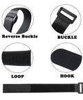 Diagram showing different parts of a hook and loop strap with reverse buckle, buckle, loop, and hook. Twenty Pack Reusable Cable Ties And Straps 12x1 Inch Adjustable Hook And Loop Nylon Fasteners For Cable Management, Multi Purpose Wire Organizer Straps For Home Office Garage And Do It All Projects.