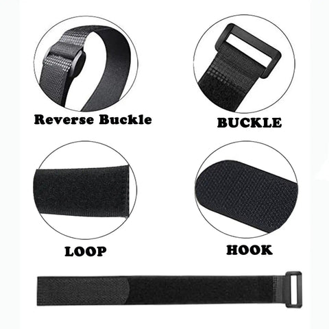 Diagram showing different parts of a hook and loop strap with reverse buckle, buckle, loop, and hook. Twenty Pack Reusable Cable Ties And Straps 12x1 Inch Adjustable Hook And Loop Nylon Fasteners For Cable Management, Multi Purpose Wire Organizer Straps For Home Office Garage And Do It All Projects.