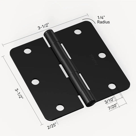Matte Black Interior Door Hinges 3.5 Inch With Quarter Inch Radius Corners featuring dimensions and design details, heavy duty solid iron.