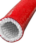 Close-up of 1 Inch Silicone Coated Fiberglass Fire Sleeve For Heavy Duty Heat Shielding Of Fuel Hydraulic And Oil Lines 25 Feet Long Red Orange Color High Temperature Up To 260 Celsius VW1 Rated