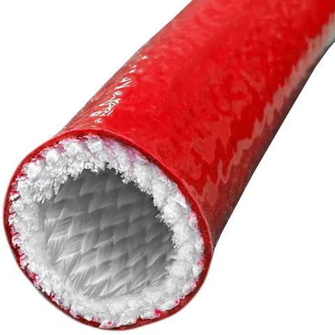 Close-up of 1 Inch Silicone Coated Fiberglass Fire Sleeve For Heavy Duty Heat Shielding Of Fuel Hydraulic And Oil Lines 25 Feet Long Red Orange Color High Temperature Up To 260 Celsius VW1 Rated