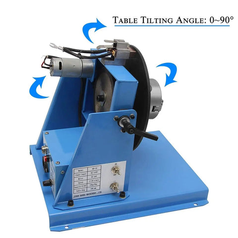 Badass Heavy Duty Welding Rotary Table Positioner With 65mm Chuck And 10Kg Capacity showing tilt angle adjustment and motor.