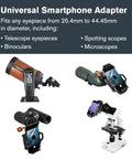 NexGO Universal Smartphone Adapter For Telescopes, Binoculars And Spotting Scopes shown attached to various optics devices.