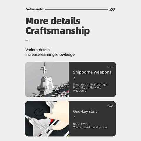 Heavy Duty RC Aircraft Carrier Boat With 2 4 GHz Dual Motors showcasing shipborne weapons and easy one-key start feature.