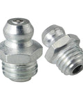 12 Pack Stainless Steel Grease Fittings Kit With 4 Straight, 4 90 Degree, And 4 45 Degree M8 Zerk Fittings For Replacing Damaged Or Missing Fittings In Hydraulic Grease Lines close-up view of two metallic fittings