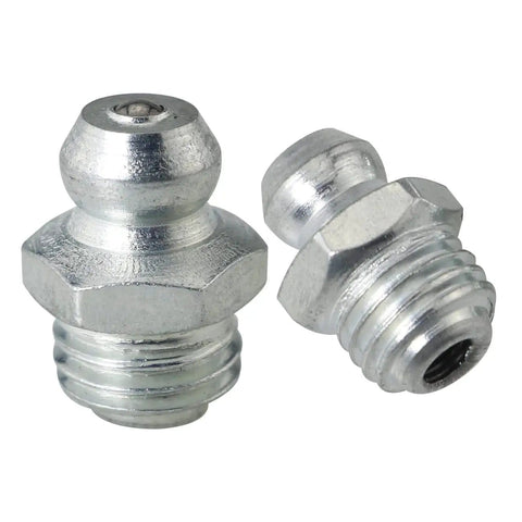 12 Pack Stainless Steel Grease Fittings Kit With 4 Straight, 4 90 Degree, And 4 45 Degree M8 Zerk Fittings For Replacing Damaged Or Missing Fittings In Hydraulic Grease Lines close-up view of two metallic fittings