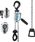 Mini Chain Hoist 1100Lb Manual Lever Hoist One Half Ton Mini Puller 10Ft Hand Lever Chain Hoist with hooks and chain close-up.