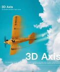 Upgrade 5 Channel RC Plane With 3D And 6G Gyro J3 Cub Style Airplane for Adults flying against blue sky, yellow color.