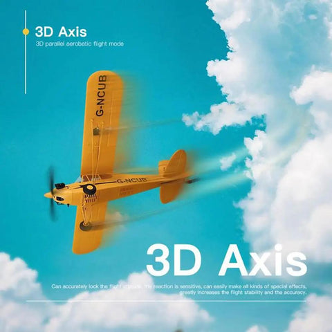 Upgrade 5 Channel RC Plane With 3D And 6G Gyro J3 Cub Style Airplane for Adults flying against blue sky, yellow color.
