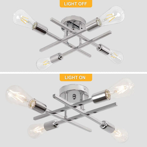 Semi Flush Mount 4 Light Sputnik Chandelier For Kitchen Island Living Room Dining Room Bedroom Hallway Dope With E26 Base Matte Black Finish Modern Rustic Farmhouse Ceiling Light showing light on and off.