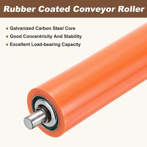 Close-up of 2 Pack 2 Inch Diameter 20 Inch Long Rubber Coated Conveyor Rollers Galvanized Steel Heavy Duty Transfer Cylinders For Kayak Loading Woodworking Jigs And Workshop Stands Real Deal Smooth Roll Orange Color