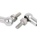 Top Shelf L Shaped Rod End Bearings Ball Joint Strap Clamps Featuring Six Millimeter Male And Eight Millimeter Female Threads, shiny metal linkage hardware.