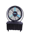 Heavy Duty Industrial Floor Fan With Mobile Stand And 150L Water Tank For Cooling Workspaces Without Breaking A Sweat While Pumping Out Badass Airflow With Adjustable Tilt And High Speed Settings Guaranteed, front view, steel construction.
